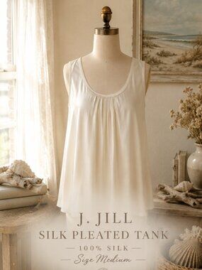 100% Silk Cream Tunic Sleeveless Pleated Top Relaxed Coastal Blouse M J.Jill